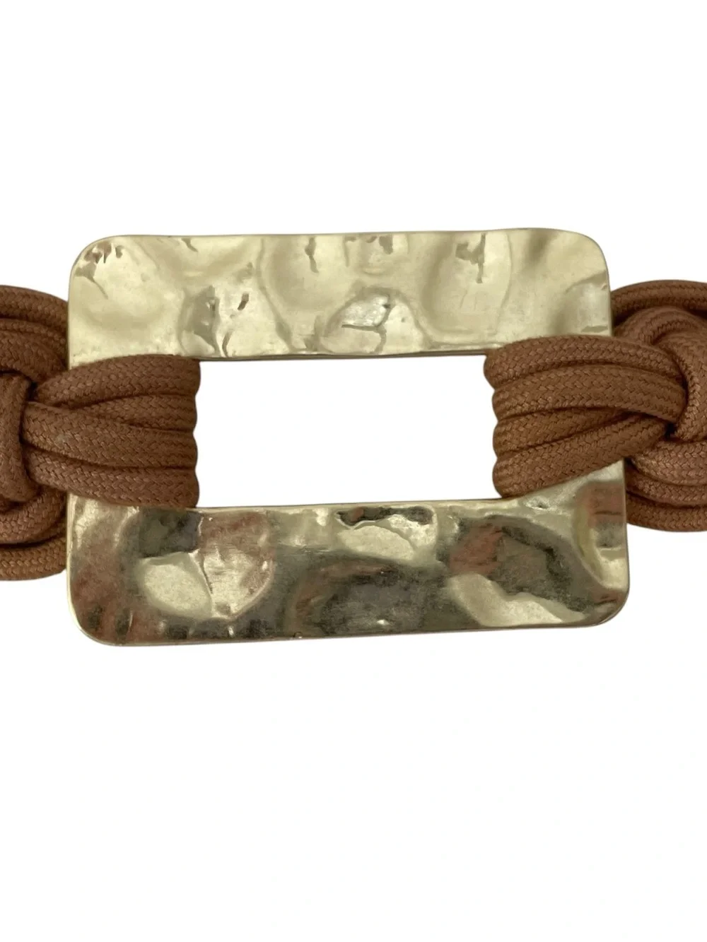 Vintage 80s Braided Cord Belt Artsy Boho Costal Large Hammered Metal Buckle Gold